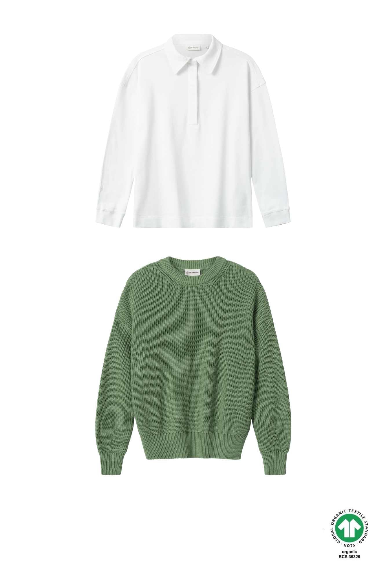 Strickpullover Hella Grün + Longsleeve Juna Weiß
