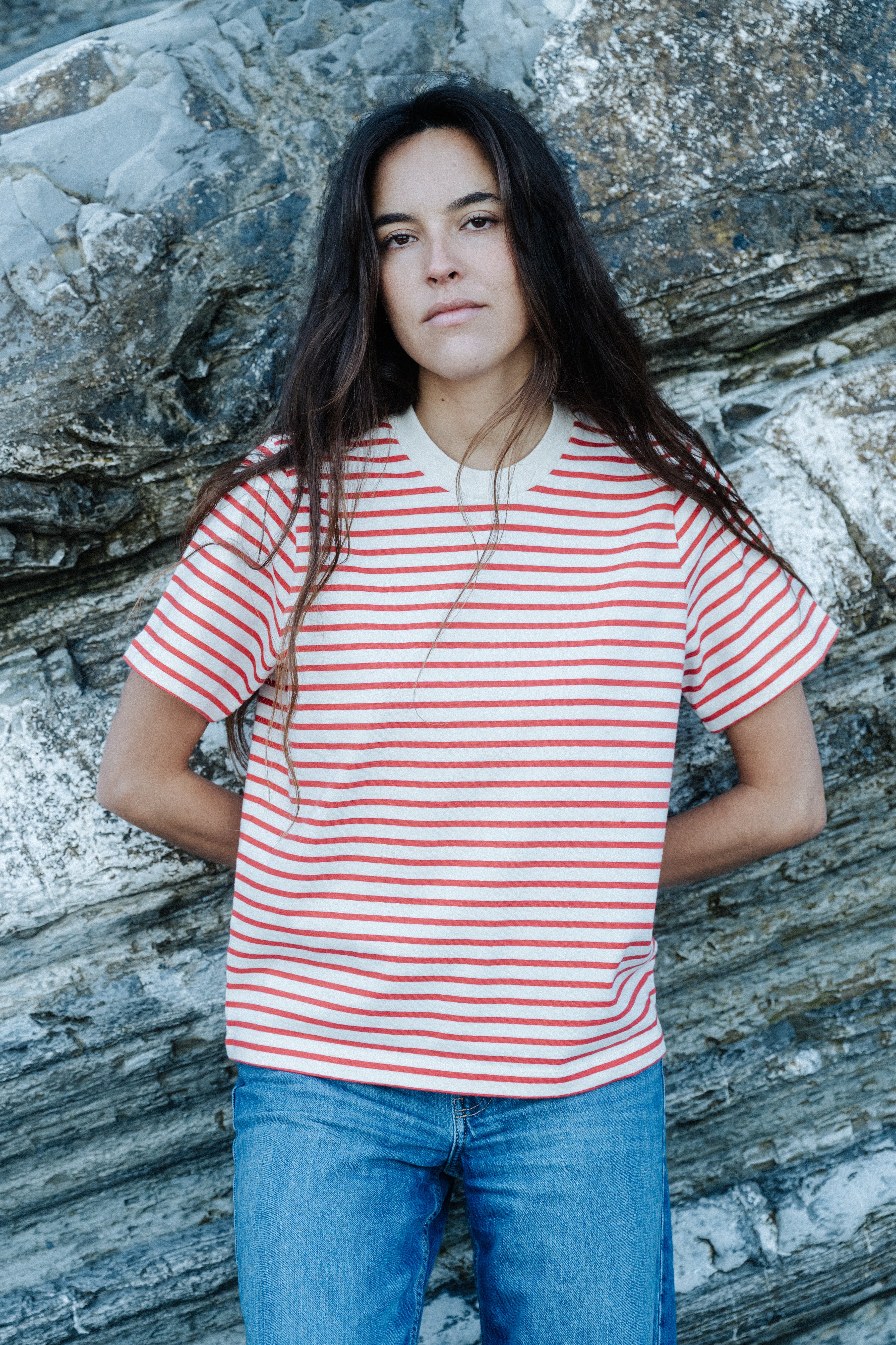 Damen T-Shirt aus schwerer Bio-Baumwolle rot gestreift