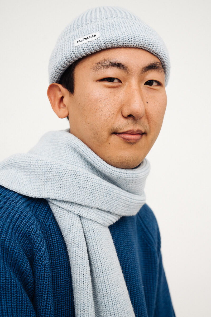 Hellblaue Fisherman Beanie von SALZWASSER aus Merinowolle und GOTS-zertifiziert