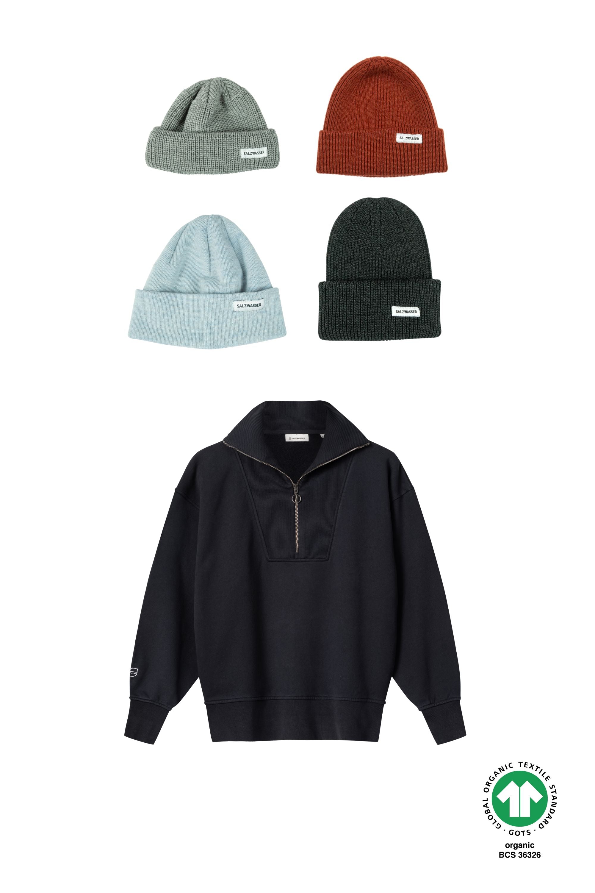 Half-Zip Sweater Brit Dunkelblau + Mütze nach Wahl