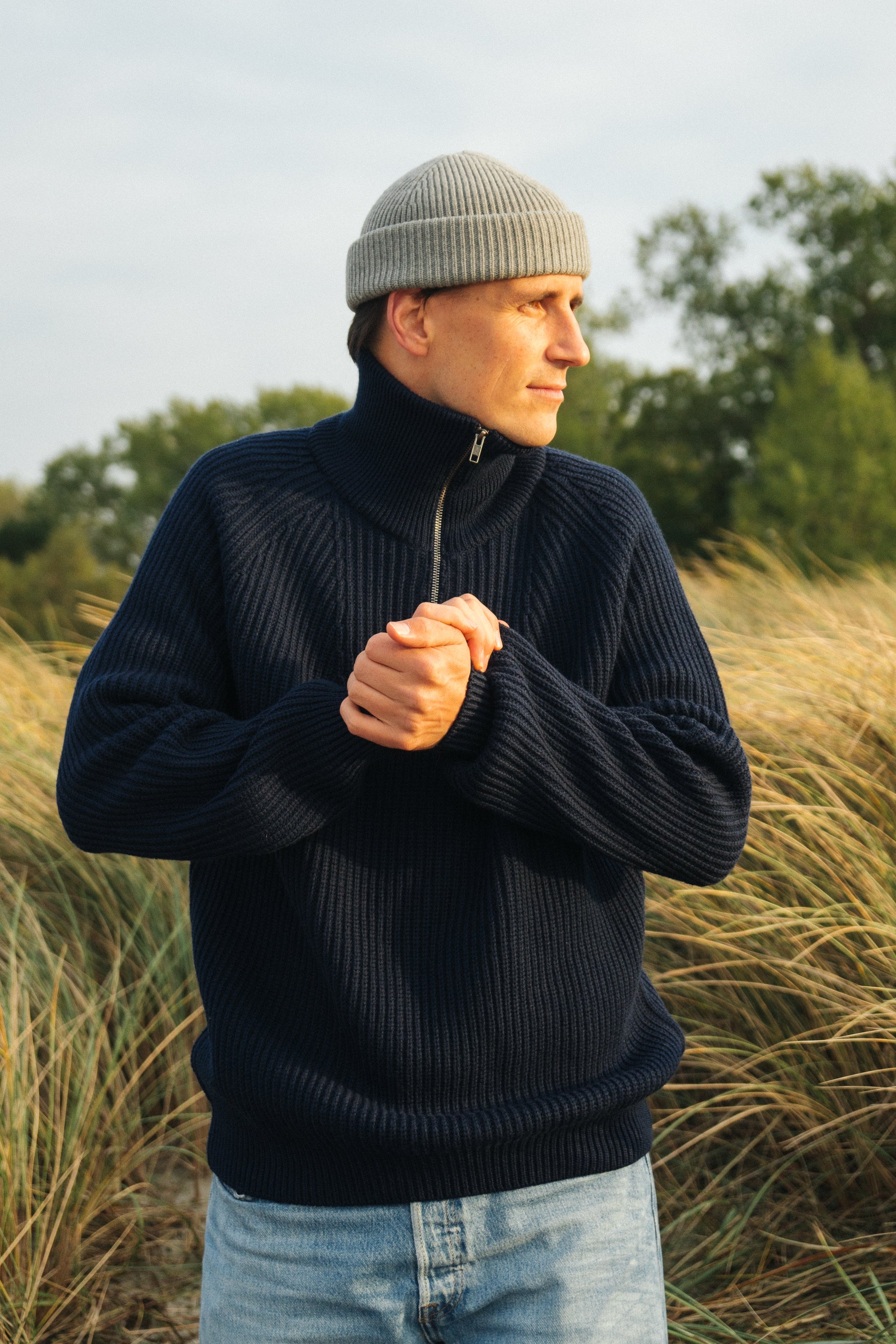 Grobmaschiger Strickpullover von SALZWASSER aus Merinowolle in Blau