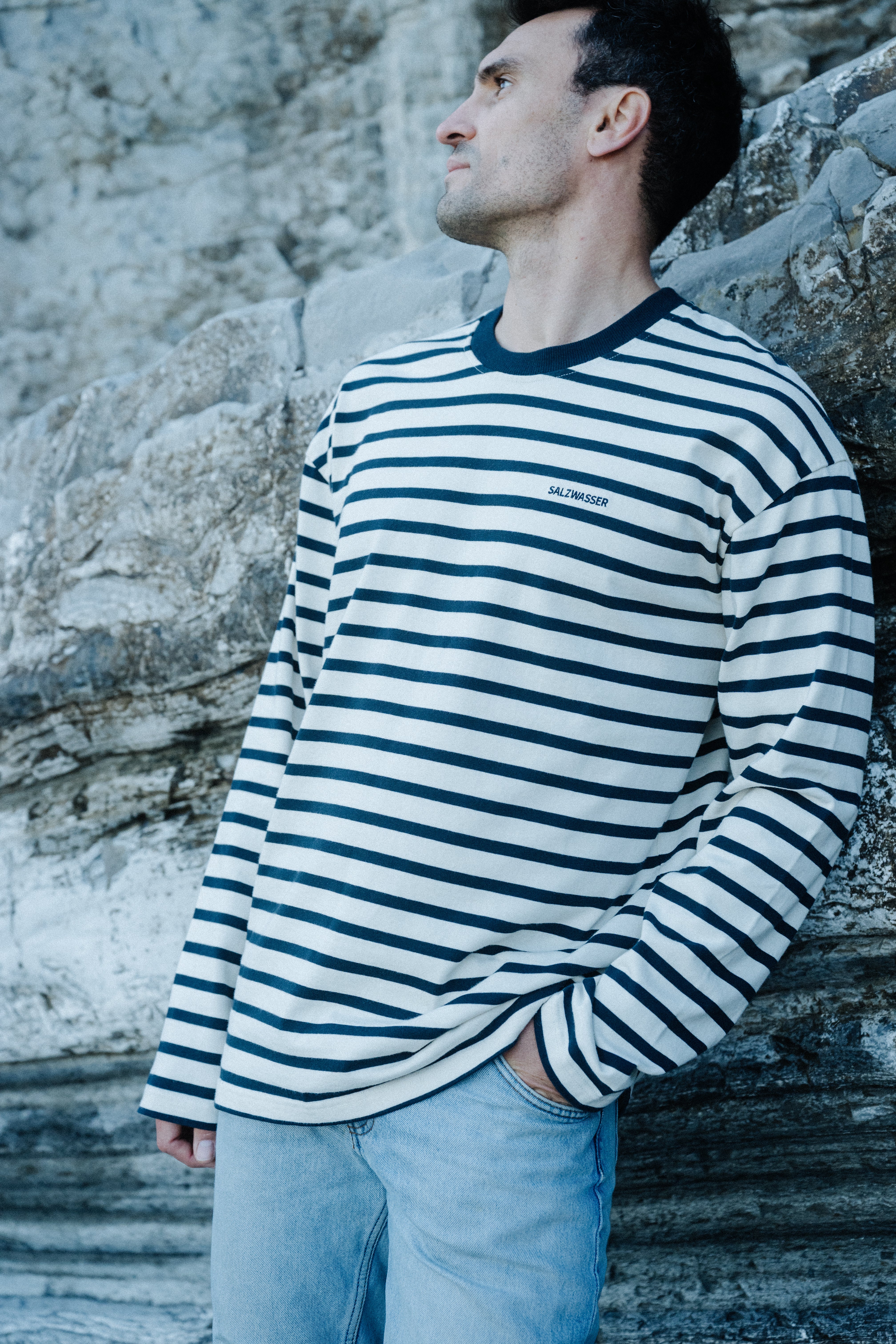 Herren Langarmshirt aus dicker Bio-Baumwolle blau gestreift