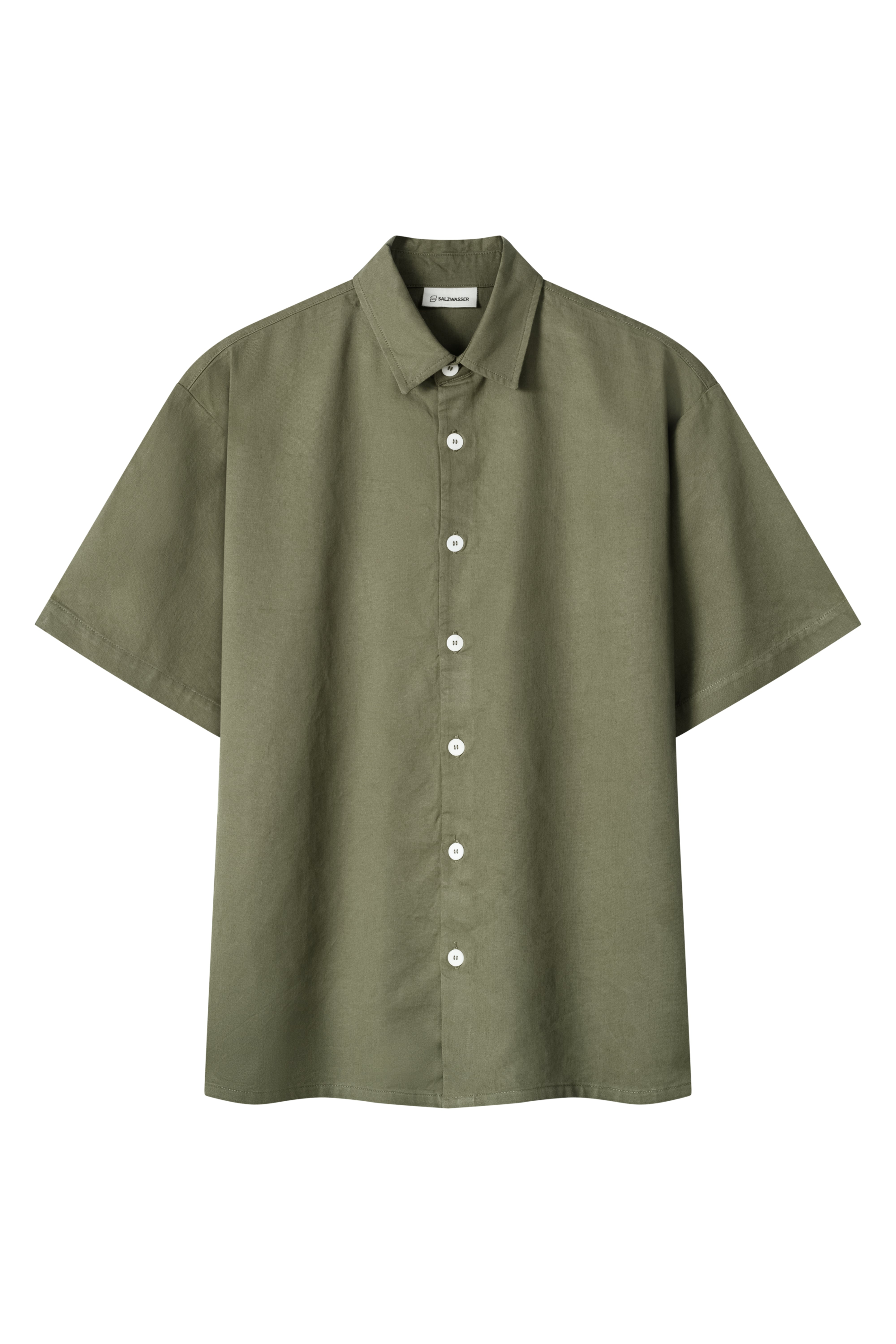 Unisex Herren Kurzarm Hemd aus Leinen in Oliv Grün von SALZWASSER