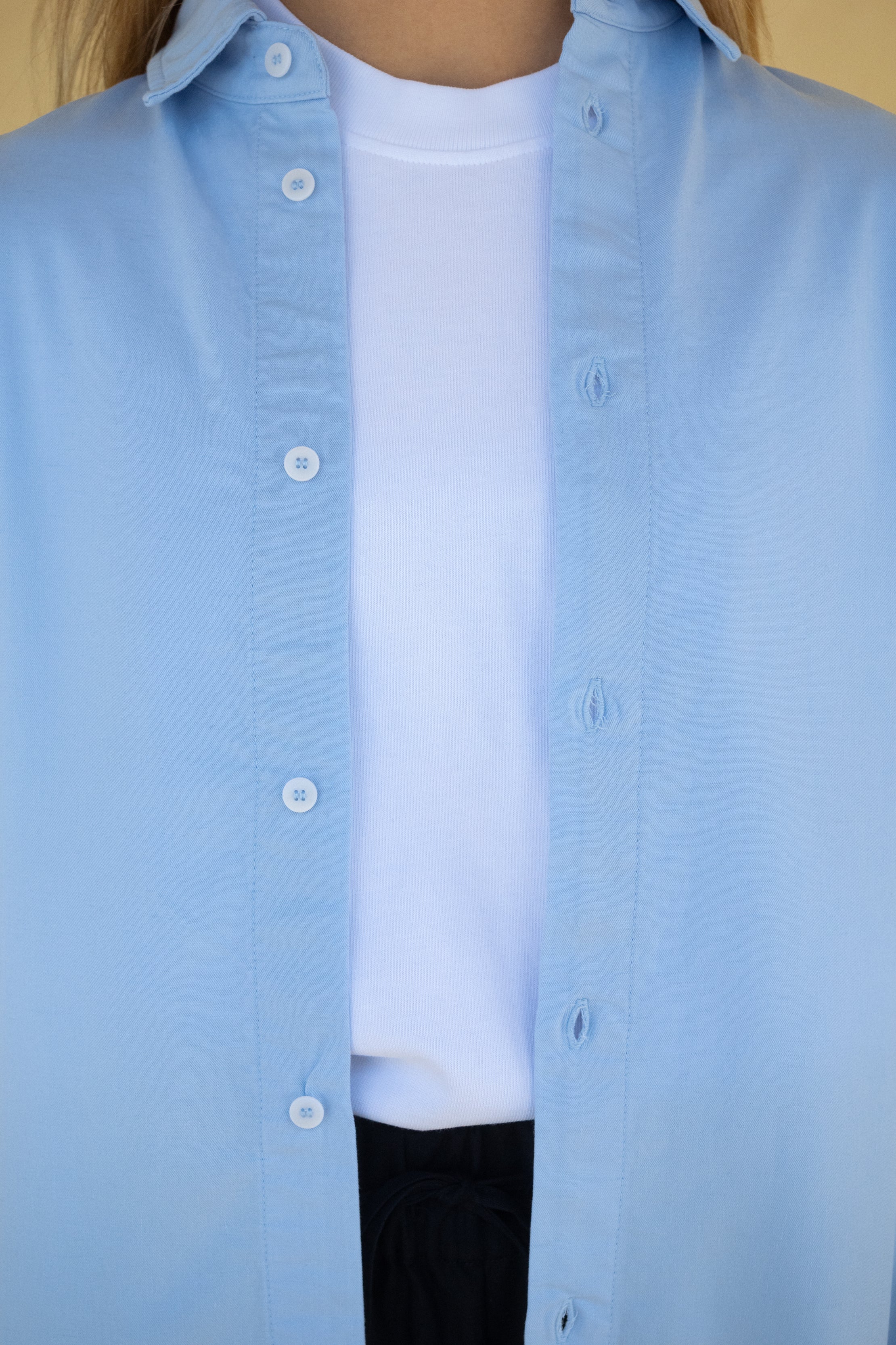 Hellblaues Damen Leinenhemd mit kleinen Knöpfen aus Corozo 